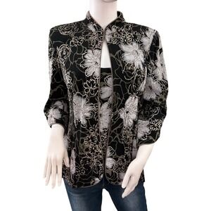 ALEX EVENINGS NWT Black Silver Floral Print Jacket & Tank Set Women's Size L